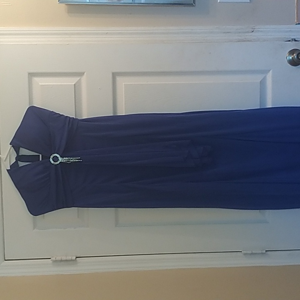 Blue  evening  gown  silver jewel  halter back